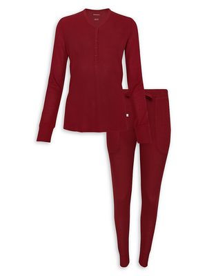 2-Piece Waffle Knit Women's Long Sleeve Pajama Set - Dark Red - Size Small