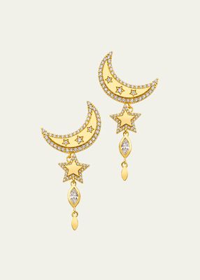 20K Crescent Moon Drop Earrings with Diamonds