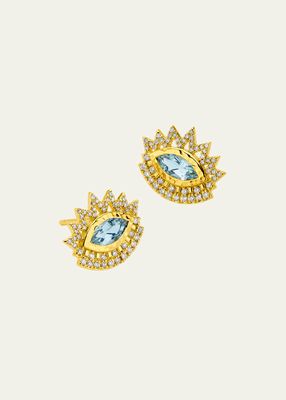 20K Evil Eye Stud Earrings with Diamonds and Aquamarine
