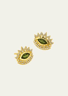 20K Evil Eye Stud Earrings with Diamonds and Green Tourmaline