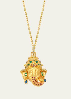 20K Large Ganesha Pendant with Diamonds, Pink Sapphires, Blue Sapphires and Emeralds
