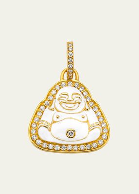 20K Small White Enamel Happy Buddha Pendant with Diamonds