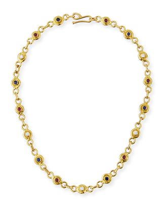 22K Gold Link Necklace with Diamonds, Sapphires & Rubies