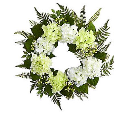 24" Hydrangea Green and White Wreath by Nearly Natural