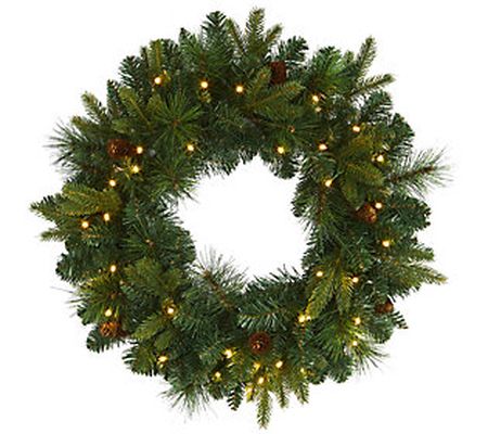 24" Lit Mixed Pine Christmas Wreath by Nearly N atural