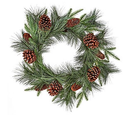 24" Long Pine/Spruce with Cones Wreath by Valer ie