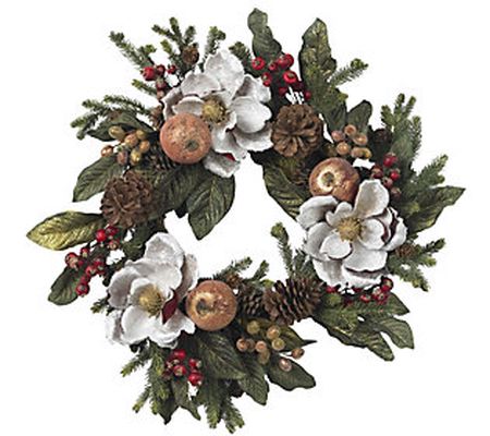 24" Magnolia Pinecone & Berry Wreath by Nearly Natural