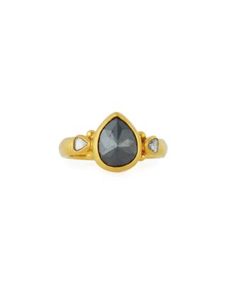 24k Black Diamond Teardrop Ring, Size 6