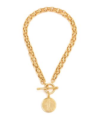 24k Gold Electroplate 2-Row Chain Necklace with Coin Pendant