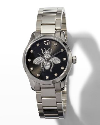 26mm G-Timeless Bracelet Watch w/ Bee Motif and Diamonds, Black