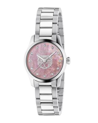 26mm G-Timeless Bracelet Watch w/ Feline Motif and Diamonds, Pink