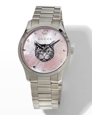 26mm G-Timeless Bracelet Watch w/ Feline Motif, Pink