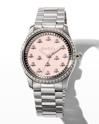 26mm G-Timeless Diamond-Bezel Bee Bracelet Watch, Pink