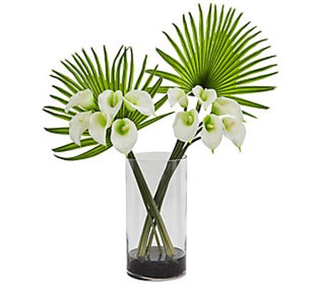 27" Calla Lily & Fan Palm in Cylinder Glass by Nearly Natural
