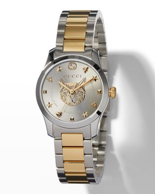27mm G-Timeless Bracelet Watch w/ Feline Motif, Two-Tone