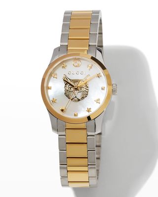 27mm G-Timeless Bracelet Watch w/ Feline, White Mother-of-Pearl