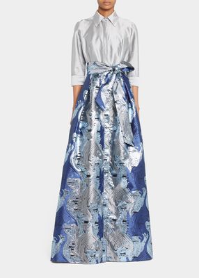 3/4-Sleeve Abstract Jacquard Shirt Gown