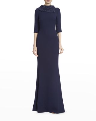 3/4-Sleeve Crystal Collar Evening Gown