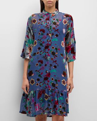 3/4-Sleeve Floral Burnout Flounce Midi Dress