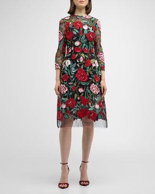 3/4-Sleeve Floral-Embroidered Midi Dress