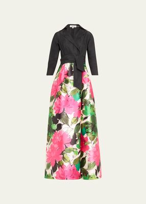 3/4-Sleeve Floral-Print Taffeta Shirt Gown