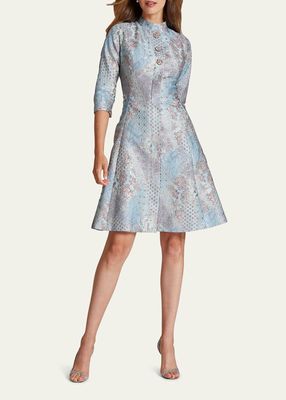 3/4-Sleeve Metallic Jacquard Midi Dress