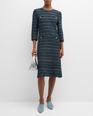 3/4-Sleeve Metallic Tweed Knit Midi Dress