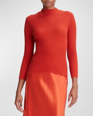 3/4-Sleeve Ribbed Cashmere and Silk Mock-Neck Sweater