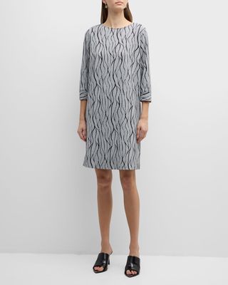 3/4-Sleeve Wave Intarsia Knit Midi Dress