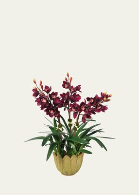 3-Stem Burgundy Cymbidium Orchid 34" Faux Floral Arrangement in Mossy Terracotta Flower Pot