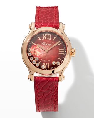 33mm Happy Sport Diamond and Red Dial Watch with Alligator Strap