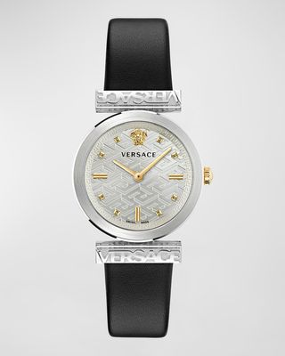 34mm Versace Regalia Watch with Leather Strap, Stainless Steel/Black