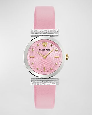 34mm Versace Regalia Watch with Leather Strap, Stainless Steel/Pink