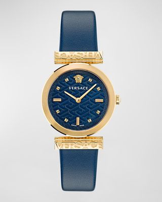34mm Versace Regalia Watch with Leather Strap, Yellow Gold/Blue