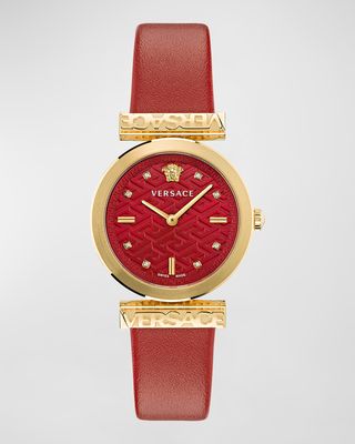 34mm Versace Regalia Watch with Leather Strap, Yellow Gold/Red