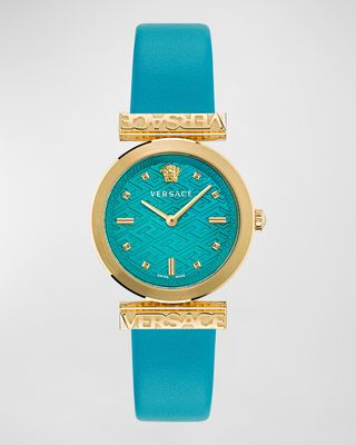 34mm Versace Regalia Watch with Leather Strap, Yellow Gold/Turquoise