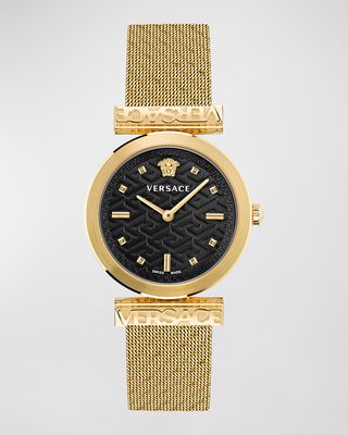 34mm Versace Regalia Watch with Mesh Bracelet, Yellow Gold/Black