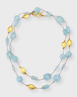 35" Blue Topaz and Aquamarine Gold Vermeil Beaded Necklace