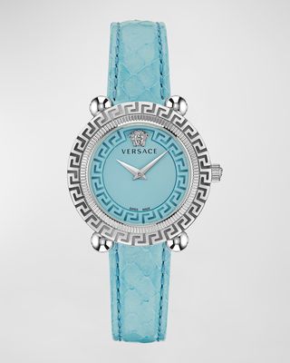 35mm Greca Twist Watch with Leather Strap, Silver/Blue