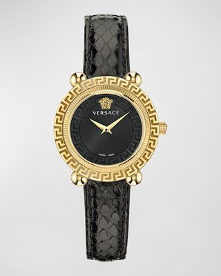 35mm Greca Twist Watch with Leather Strap, Yellow Gold/Black