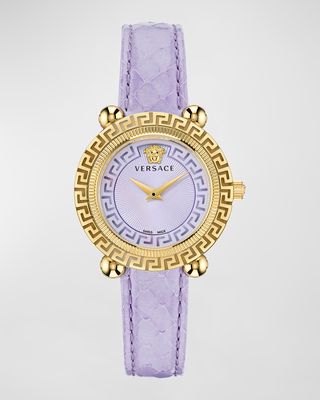 35mm Greca Twist Watch with Leather Strap, Yellow Gold/Purple