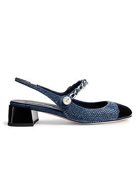 35MM Pearl-Chain Denim & Patent Leather Slingback Pumps