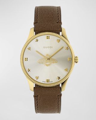 36mm Bee Logo PVD Watch with Brown Leather Strap