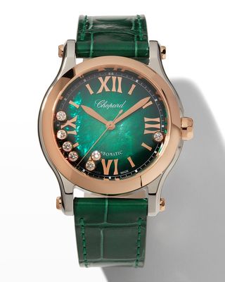 36mm Happy Sport Diamond and Green Dial Watch with Alligator Strap