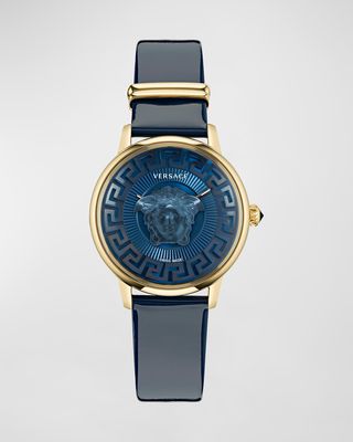 38mm Medusa Alchemy Leather Watch, Yellow Gold/Blue