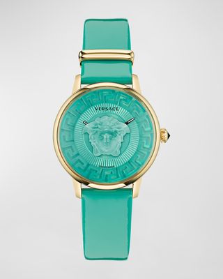 38mm Medusa Alchemy Leather Watch, Yellow Gold/Turquoise