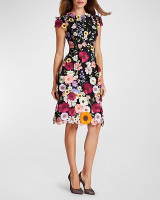 3D Floral Applique Lace Knee-Length Dress