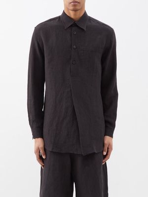3man - Highland Asymmetric-placket Linen Shirt - Mens - Black