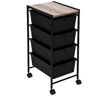 4-Drawer Cart with Wood Top Black