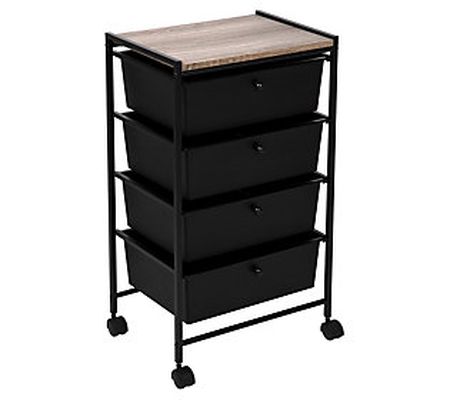 4-Drawer Wide Cart with Wood Black